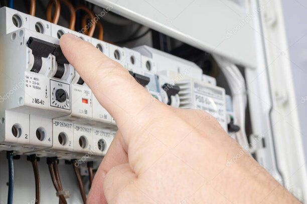 Tablero eléctrico con electricista ajustando interruptores